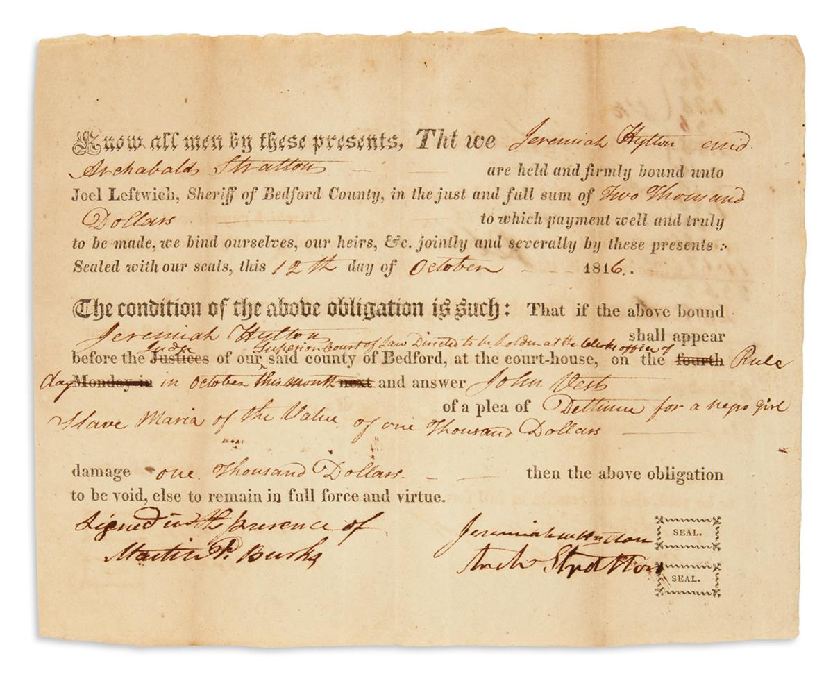 (SLAVERY AND ABOLITION.) Set of documents relating to a lawsuit over a slave named Maria.